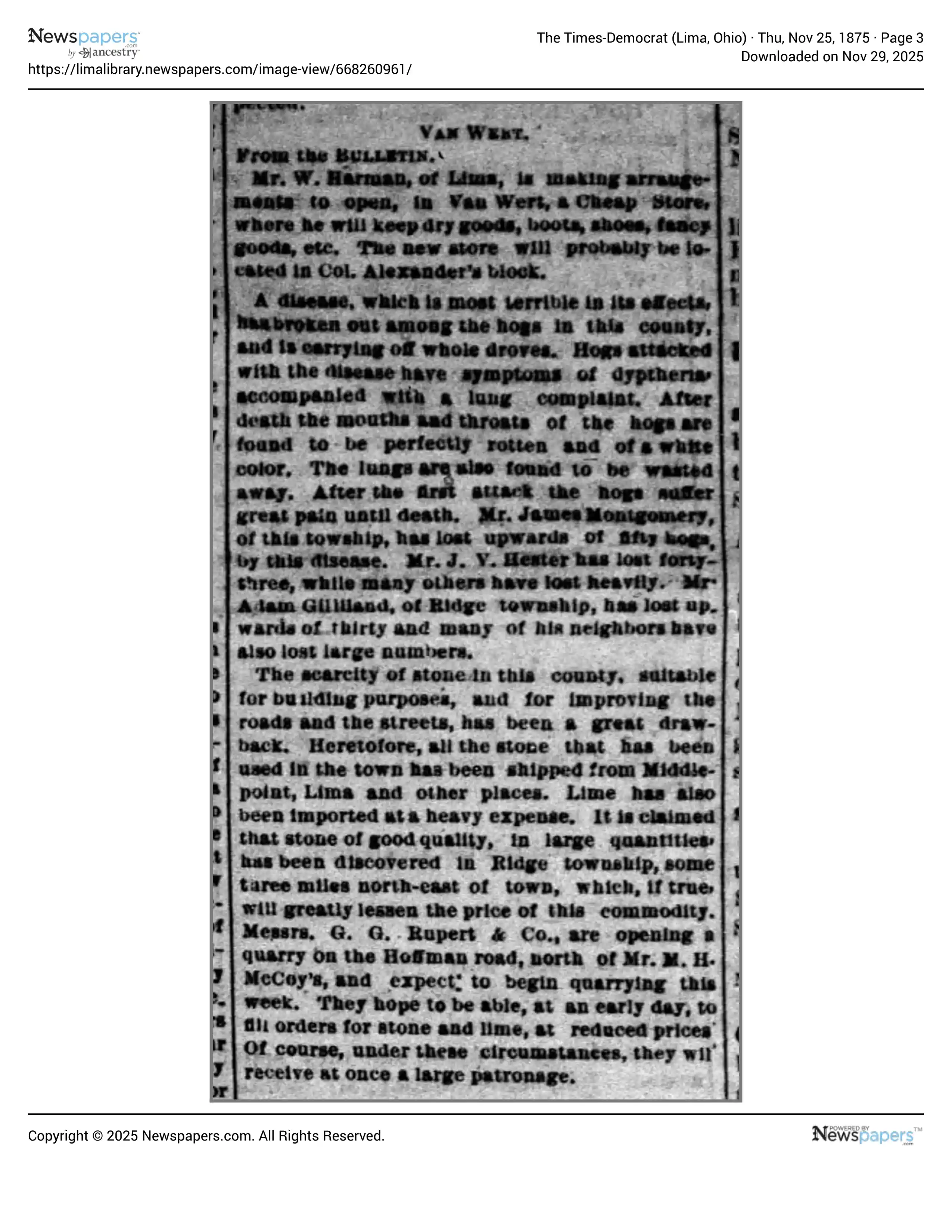 The Times Democrat 1875-11-25 Page 3, Greenberry George Rupert Opening New Quarry